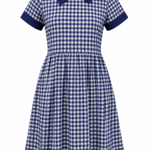 Blue White Large Box Checked Pure Cotton School Uniform Dress with Blue Collar for Girls, Durable School Wear, Sizes 22-40