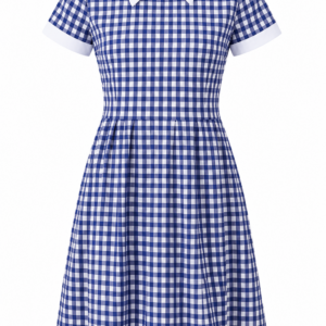Blue White Large Box Checked Pure Cotton School Uniform Dress with White Collar for Girls, Durable School Wear, Sizes 22-40