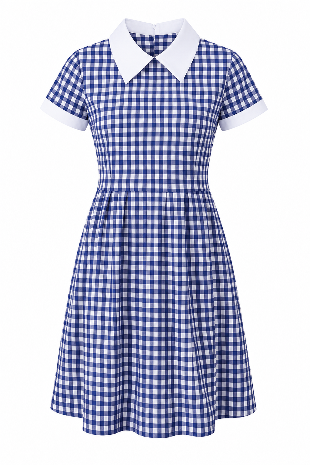 Blue White Large Box Checked Pure Cotton School Uniform Dress with White Collar for Girls, Durable School Wear, Sizes 22-40 - Image 1