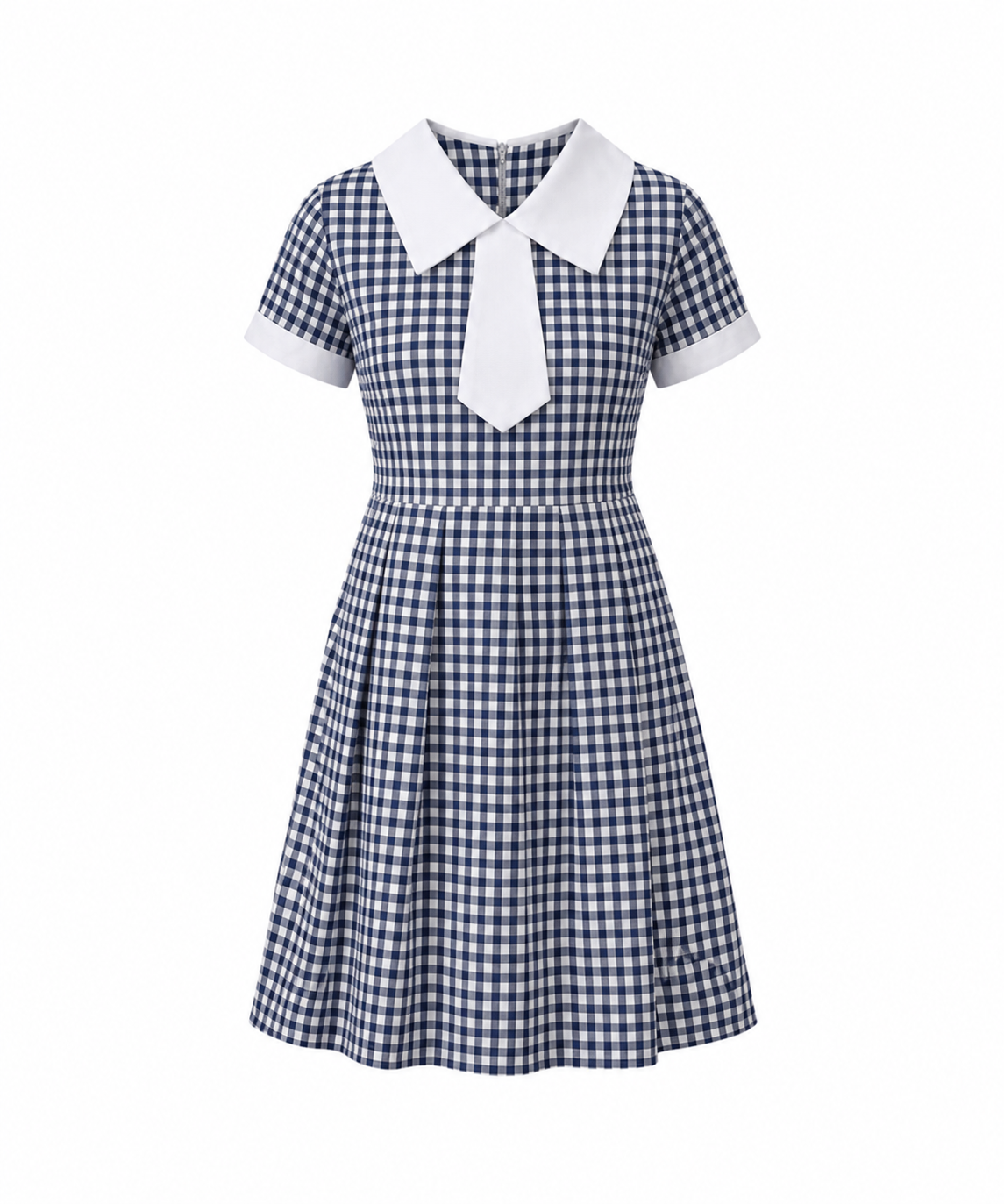 Blue White Checked School Uniform Dress with Tie Detail for Girls, Durable School Wear, Sizes 22-40 - Image 1