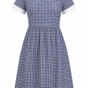 Blue White Small Checked School Uniform Dress with White Collar for Girls, Sizes 22-40