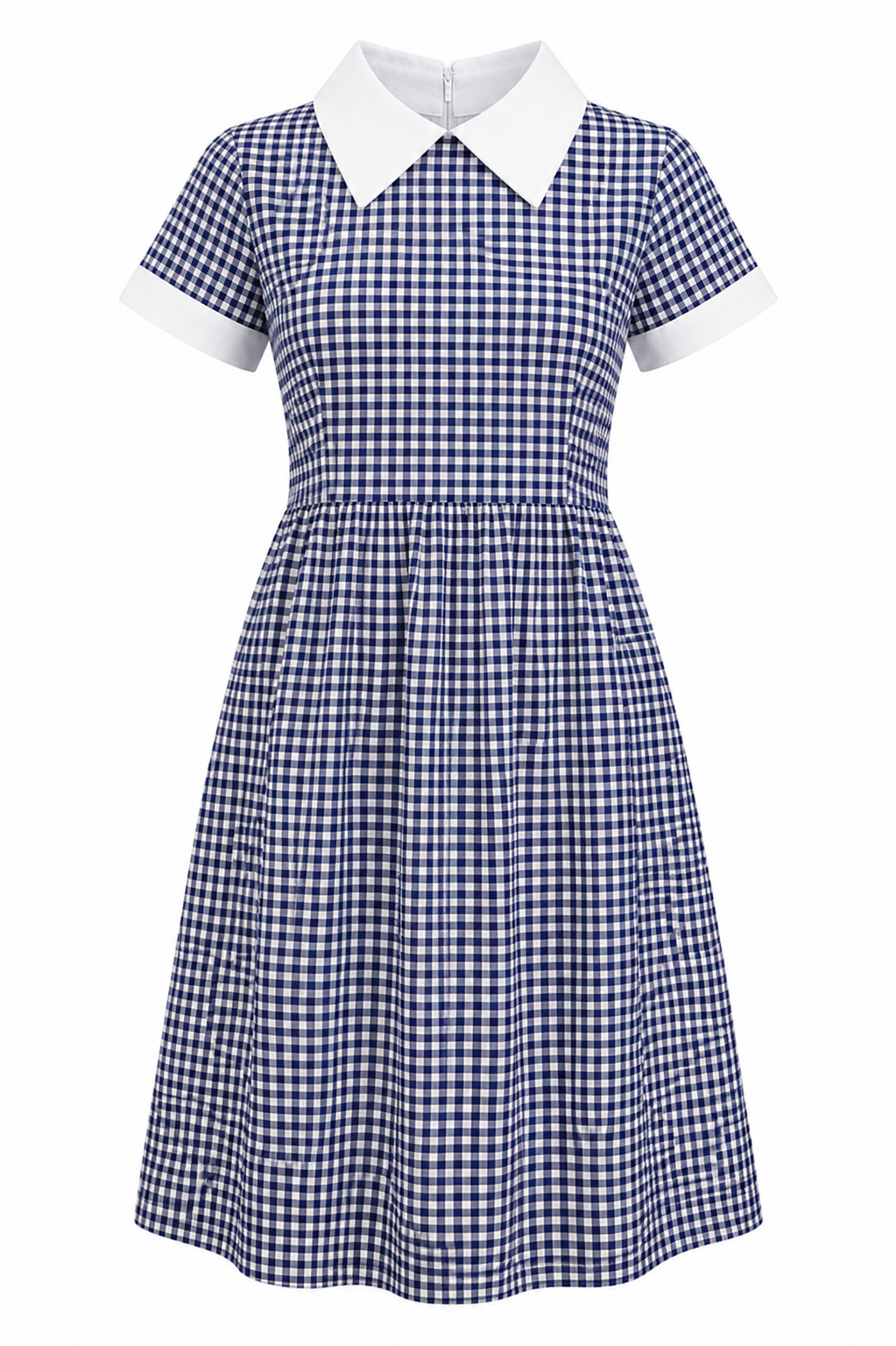 Blue White Small Checked School Uniform Dress with White Collar for Girls, Sizes 22-40 - Image 1