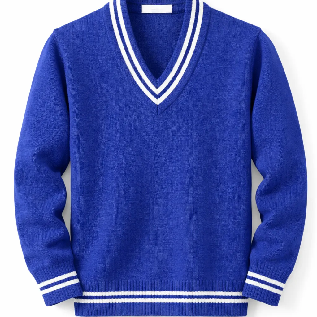 Blue striped white School Uniform V-Neck Sweater, Durable Knit