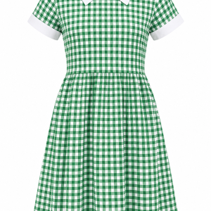 Green White Large Box Checked Pure Cotton School Uniform Dress with White Collar for Girls, Durable School Wear, Sizes 22-40
