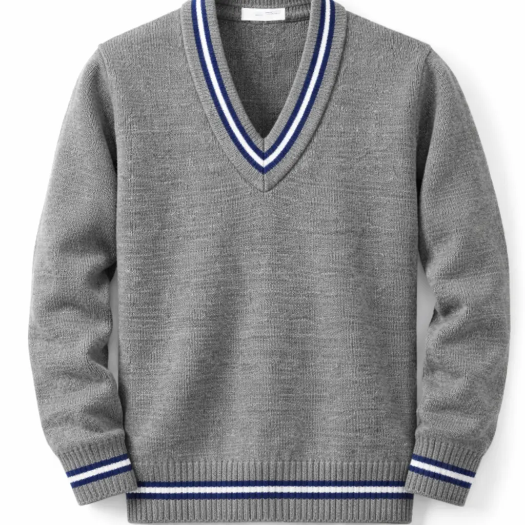 Grey School Uniform V-Neck Sweater, Blue & White Stripe Durable Knit