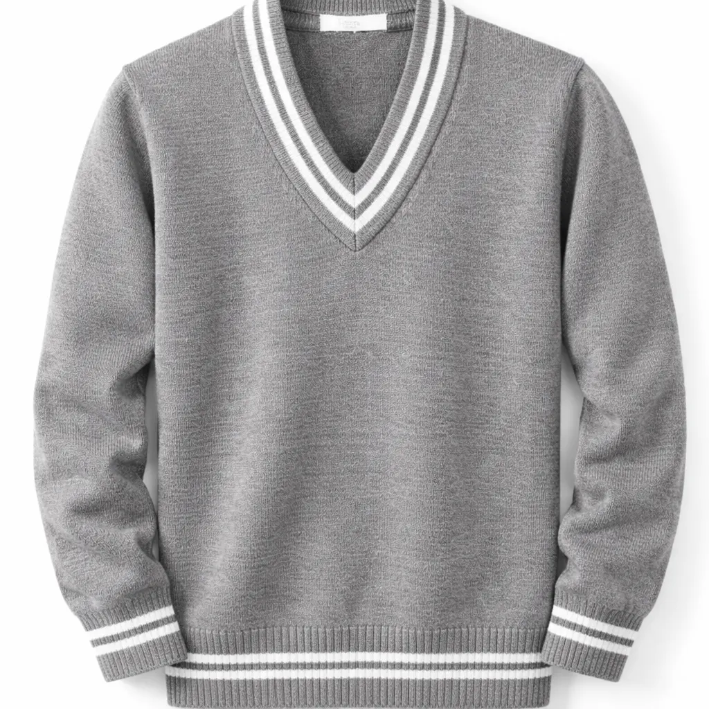 Grey striped white School Uniform V-Neck Sweater, tightly knit for durability