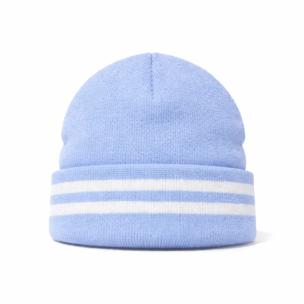 Light Blue Marvin Beanie, White Stripe Soft Knit Warm School Cap