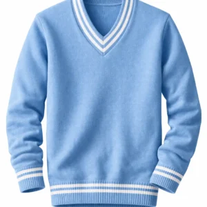 Light Blue School Uniform V-Neck Sweater, White Stripe Durable Knit