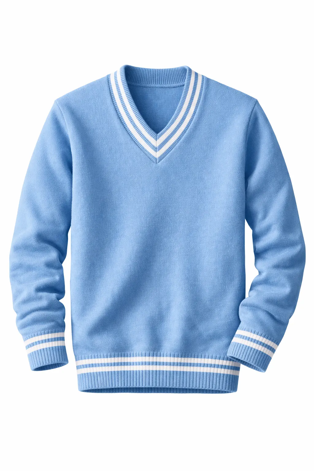 Light Blue School Uniform V-Neck Sweater, White Stripe Durable Knit - Image 1