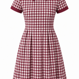 Maroon White Large Box Checked Pure Cotton School Uniform Dress with Maroon Collar for Girls, Durable School Wear, Sizes 22-40