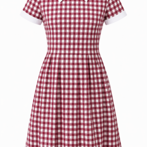 Maroon White Large Box Checked Pure Cotton School Uniform Dress with White Collar for Girls, Durable School Wear, Sizes 22-40