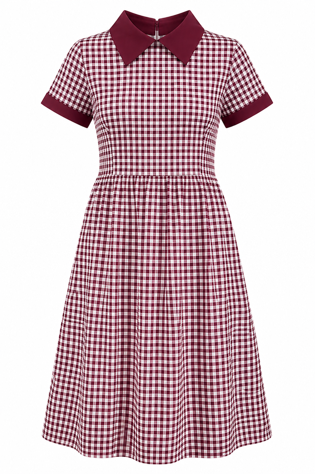 Maroon White Small Checked School Uniform Dress with Maroon Collar for Girls, Sizes 22-40 - Image 1