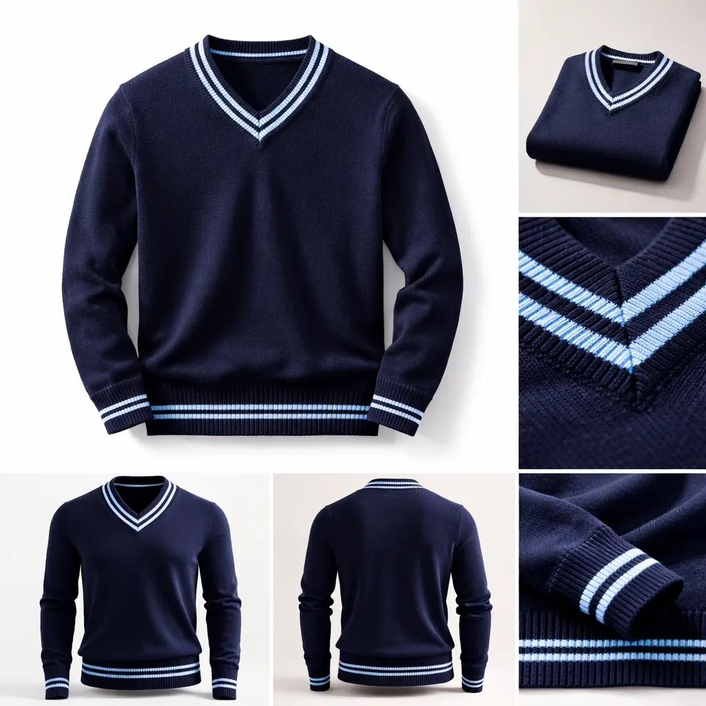 Navy School Uniform V-Neck Sweater, Light Blue Stripe Durable Knit