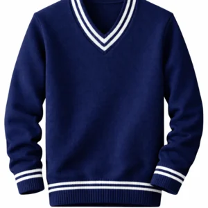 Navy School Uniform V-Neck Sweater, White Stripe Durable Knit