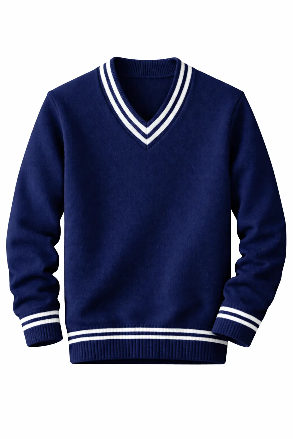 Navy School Uniform V-Neck Sweater, White Stripe Durable Knit - Image 1