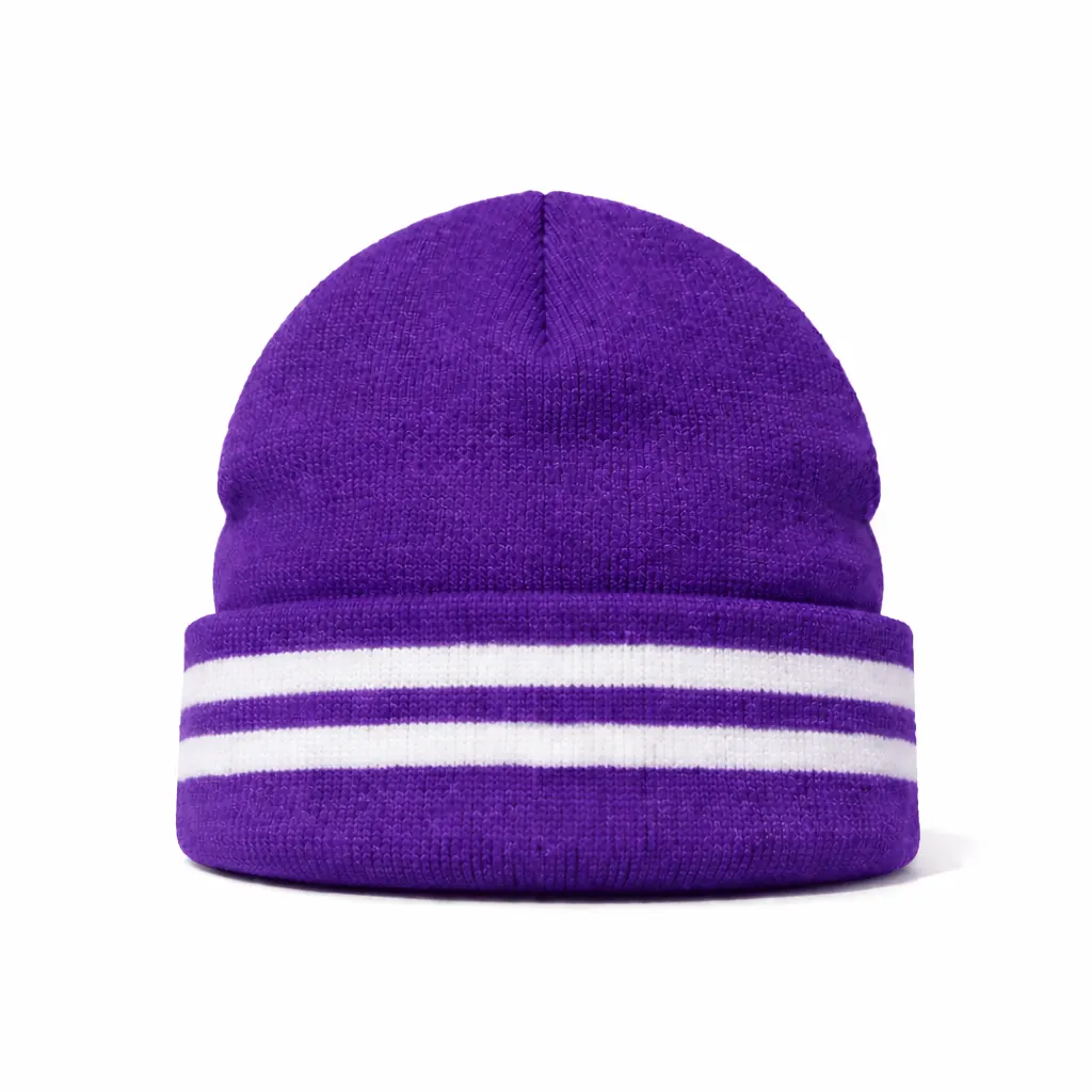 Purple Marvin Beanie, White Stripe Soft Knit Warm School Cap