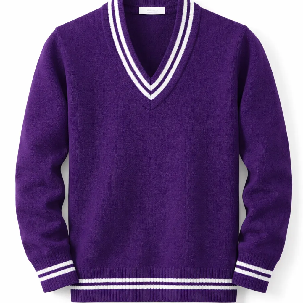 Purple School Uniform with white stripe V-Neck Sweater, tightly Knit for durability