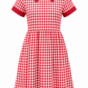 Red White Large Box Checked Pure Cotton School Uniform Dress with Red Collar for Girls, Durable School Wear, Sizes 22-40
