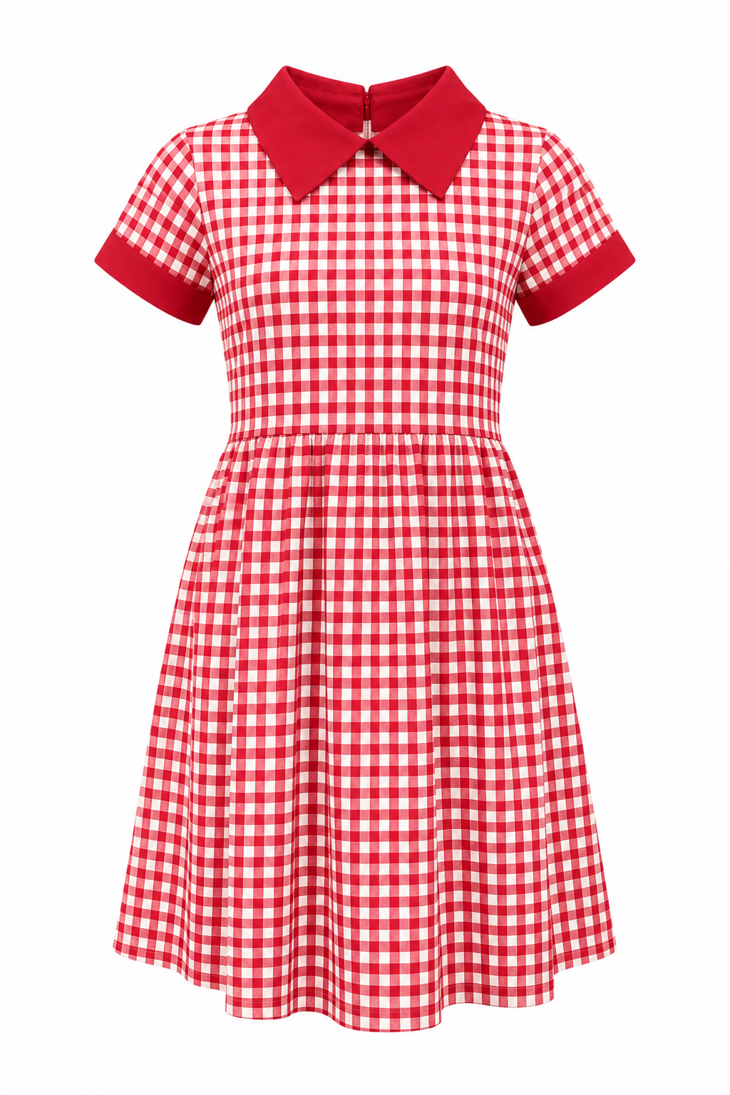 Red White Large Box Checked Pure Cotton School Uniform Dress with Red Collar for Girls, Durable School Wear, Sizes 22-40 - Image 1