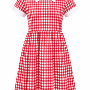 Red White Large Box Checked Pure Cotton School Uniform Dress with White Collar for Girls, Durable School Wear, Sizes 22-40