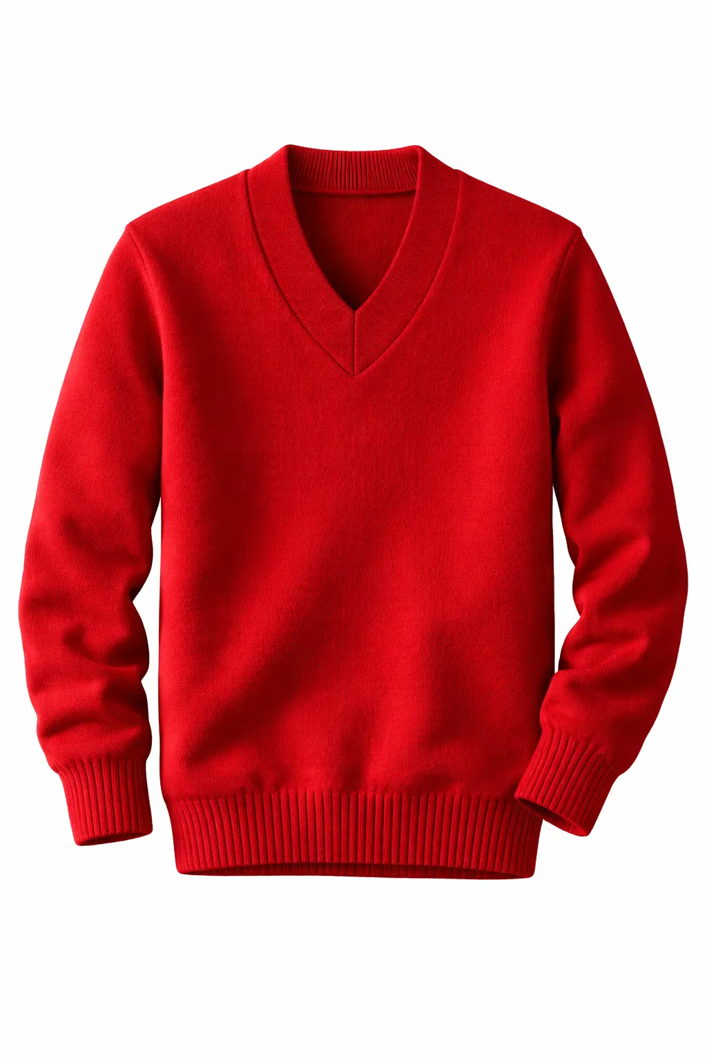 Red School Uniform V-Neck Sweater, Plain Durable Knit - Image 1