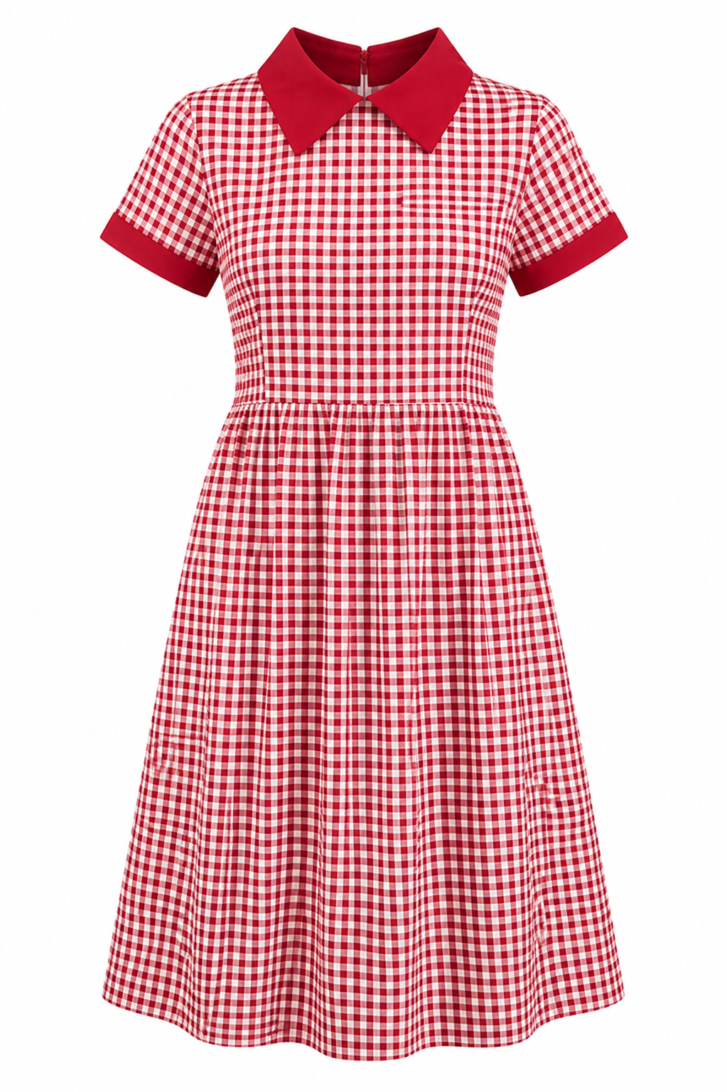 Red White Small Checked School Uniform Dress with Red Collar for Girls, Sizes 22-40 - Image 1