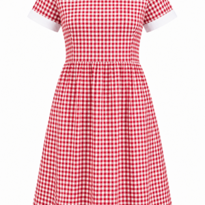 Red White Small Checked School Uniform Dress with White Collar for Girls, Sizes 22-40
