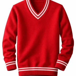 Red School Uniform V-Neck Sweater, White Stripe Durable Knit
