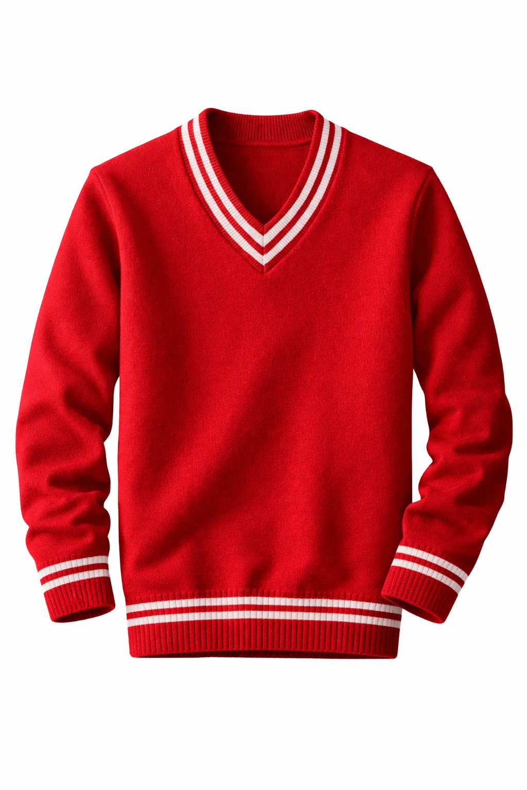 Red School Uniform V-Neck Sweater, White Stripe Durable Knit - Image 1
