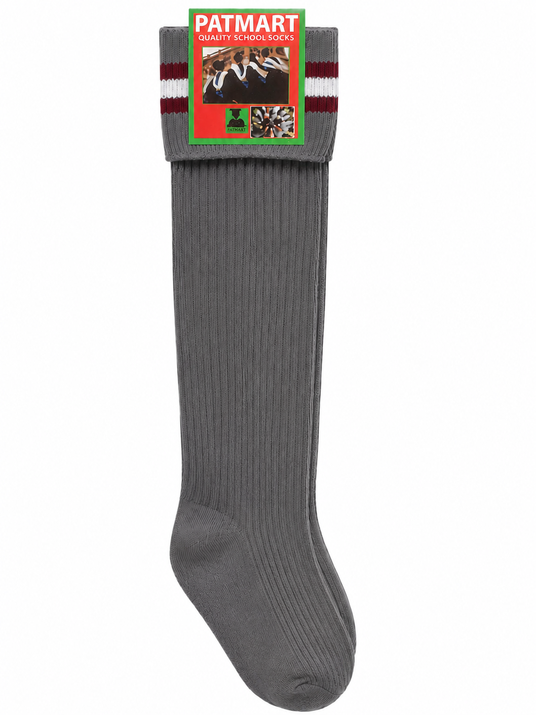 Grey School Socks, Maroon & White Stripe Soft Stretch Knit - Image 1