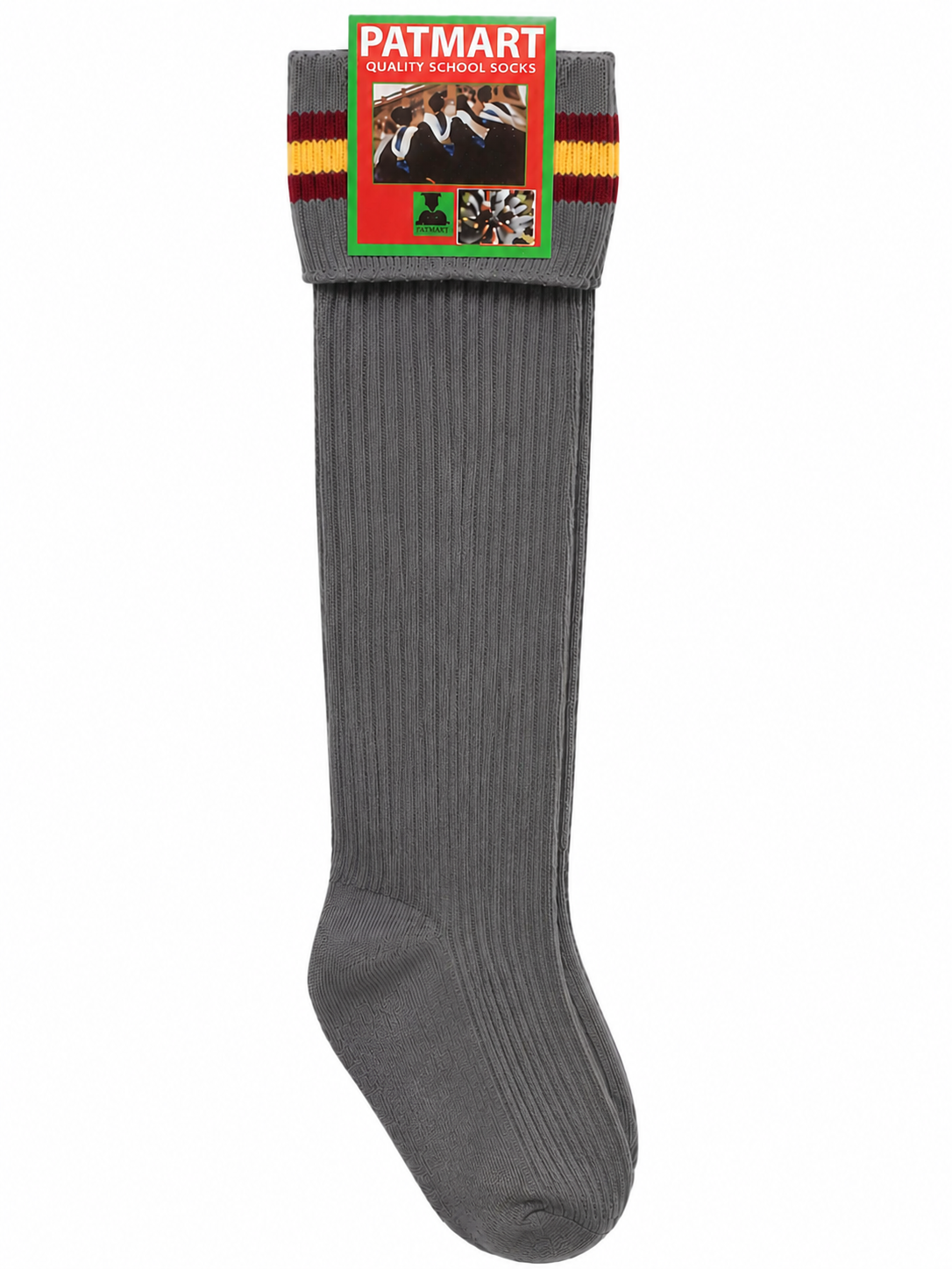 Grey School Socks, Maroon & Yellow Stripe Soft Stretch Knit - Image 1