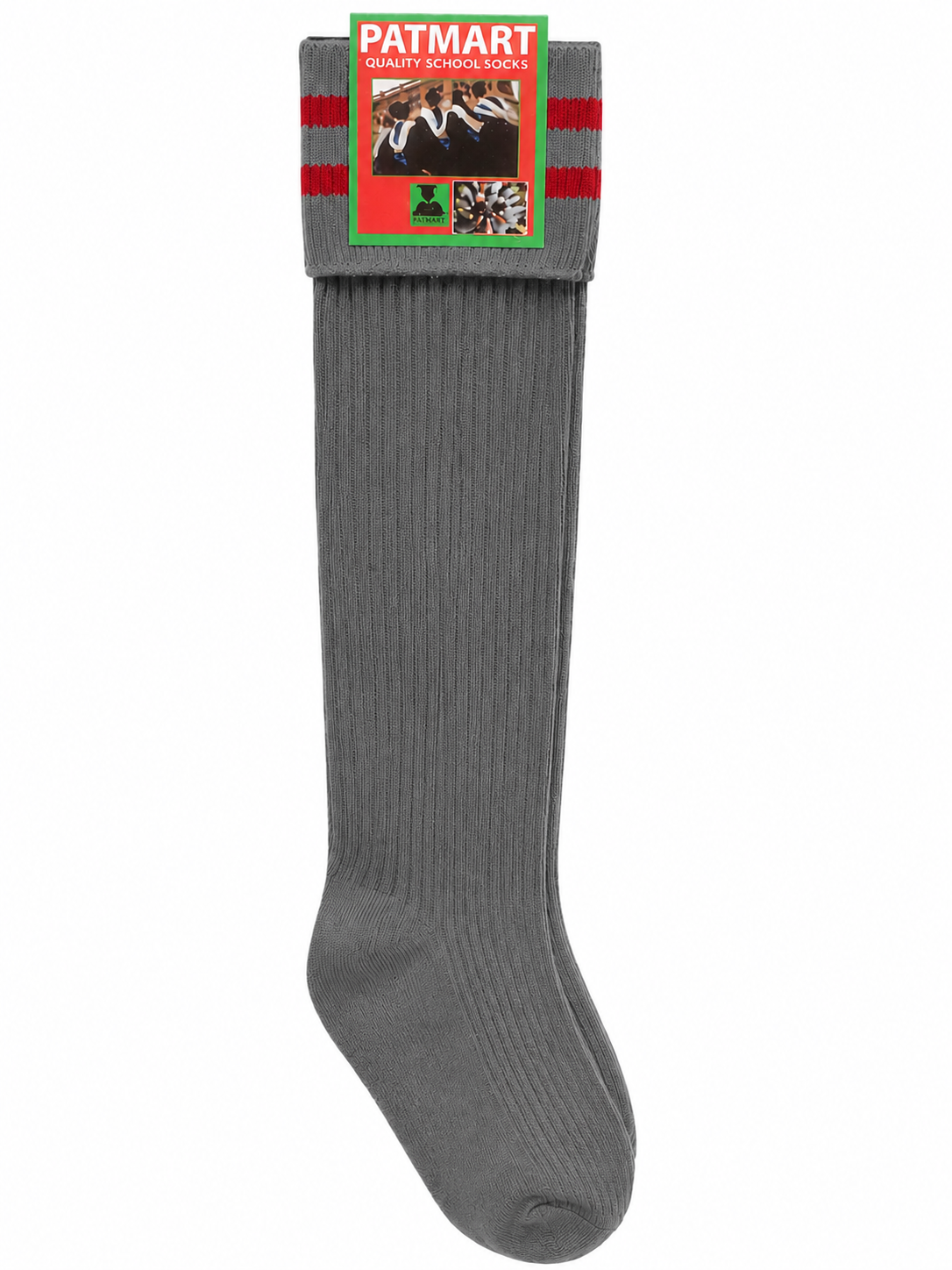 Grey School Socks, Red Stripe Soft Stretch Knit - Image 1