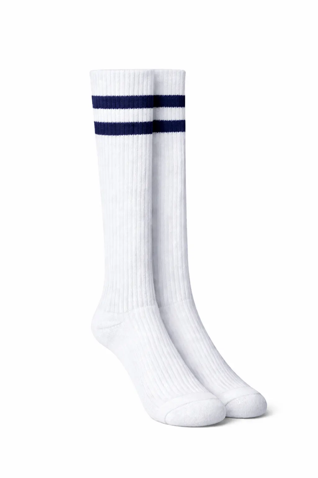 White School Socks, Navy Stripe Soft Stretch Knit - Image 1